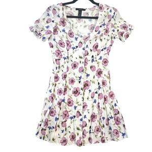 Forever 21 Flowy Floral Ruffle Sleeve Button Front Dress Small Pink Blue Ivory